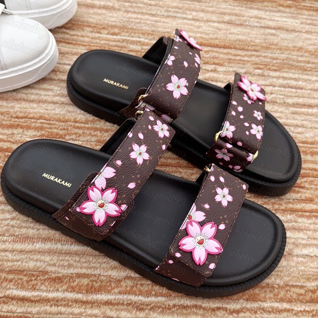 Pink Denim leather slide cherry blossom murakami Sandale Designer Sandal Womens Men Luxury Sliders sunset pool pillow Comfort Flat Mule slipper 11 Bom dia Beach shoe