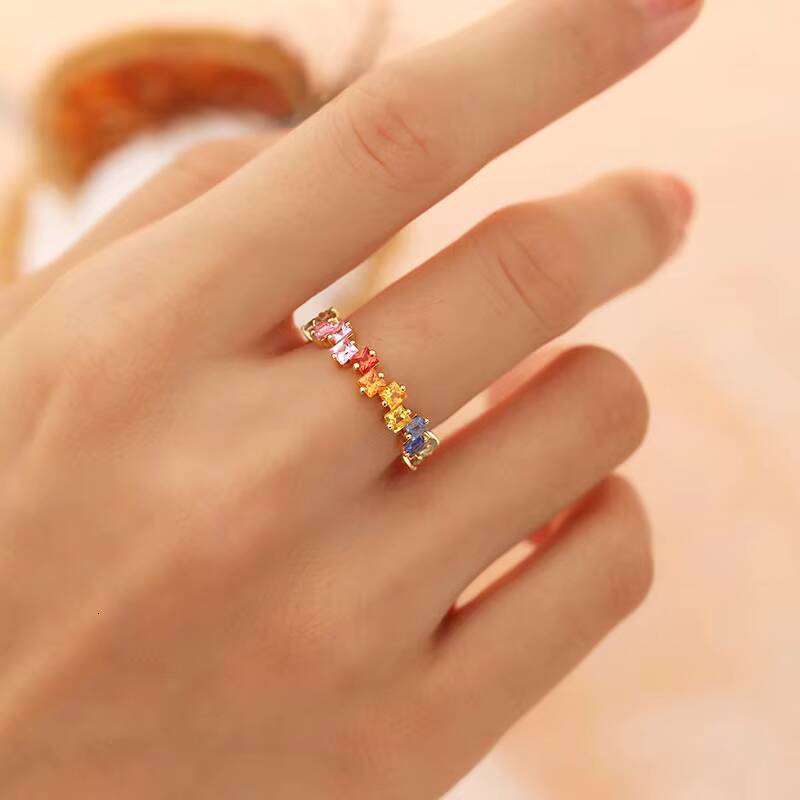 Luster Summer Fine Jewelry Sweet Colorful 3x3mm Princess Cut Rainbow Lab Sapphire 10K 14K 18K Gold Ring for Girls