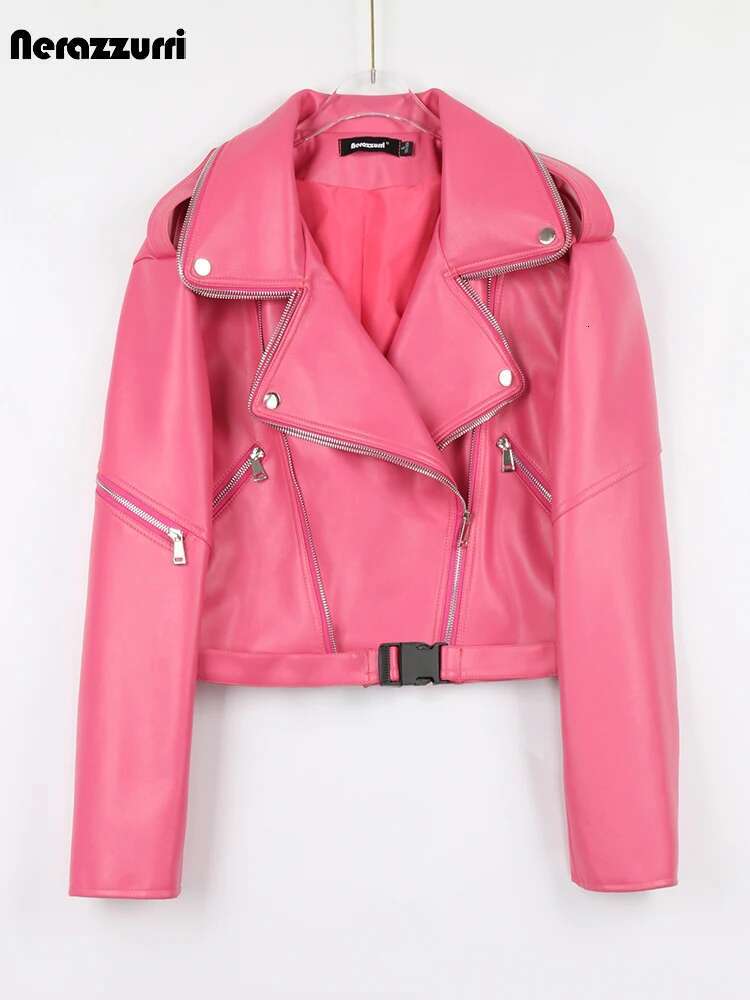 Nerazzurri Spring Autumn Colored Green Black Short Leather Biker Jacket Women Zipper Cool Designer Clothes Fashion 2022