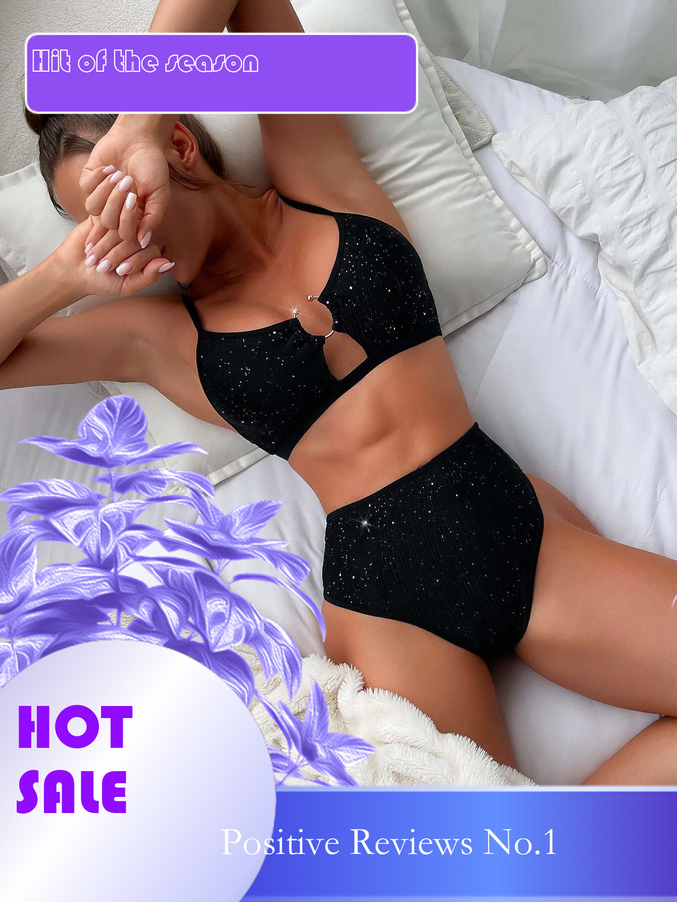 Dongdumaoyi Shiny Black Bikini Women Cut Out Metal Ring Push Up High Waist Swimsuit Brazilian Sequin Bathing Suit Two Piece Swimwear