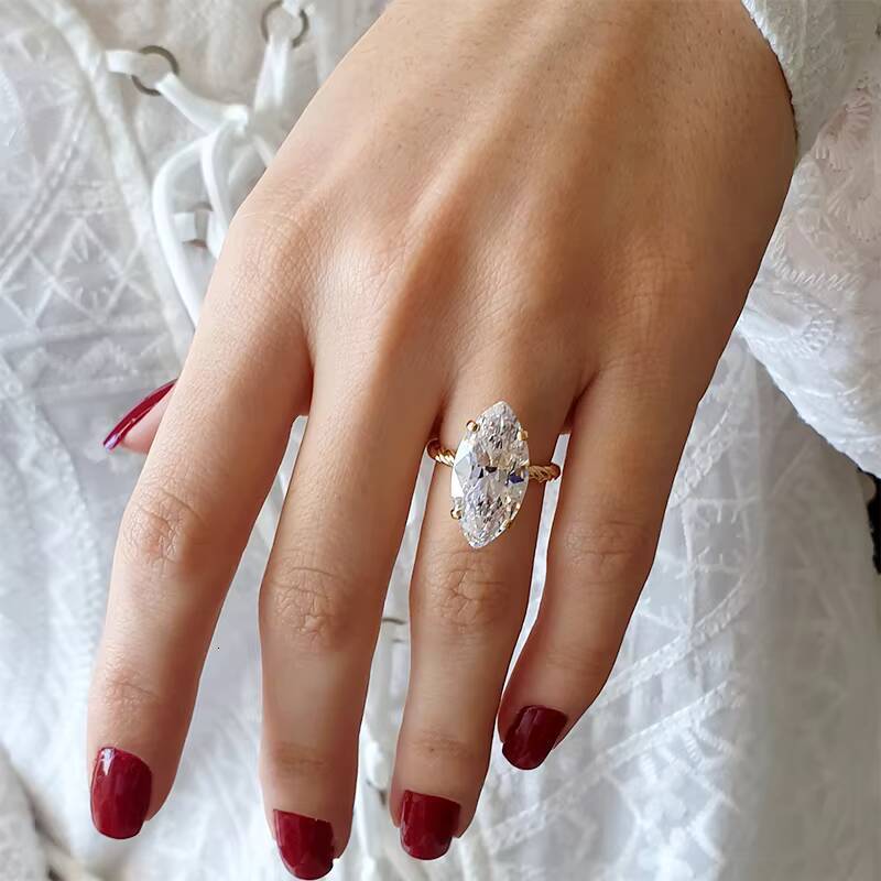 Luster 10K14K18K Yellow Gold Twisted Band Single Big Gemstone Marquise Cut Moissanite Ring for Women