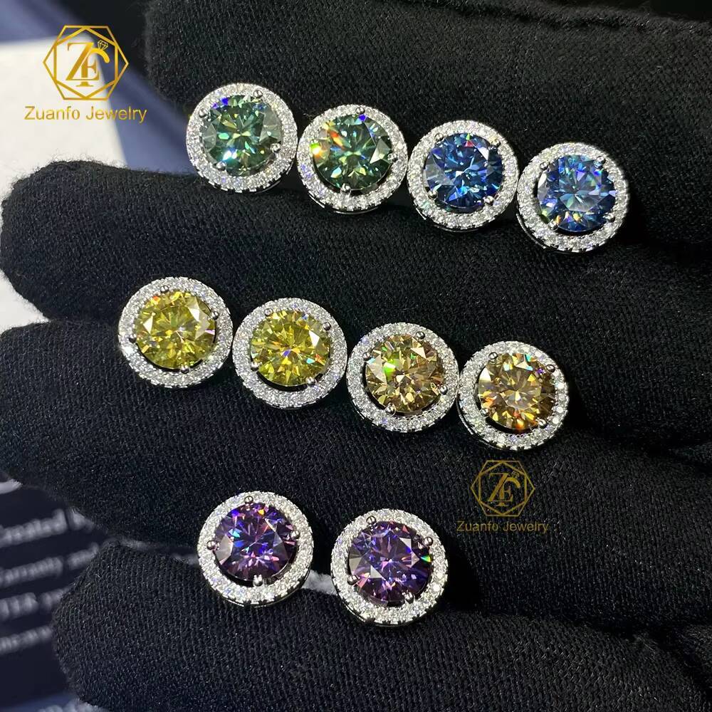 Luster Best Ladies 18K Gold Plated 925 Silver Halo Round Brilliant Cut Moissanite Stud Earring Jewelry