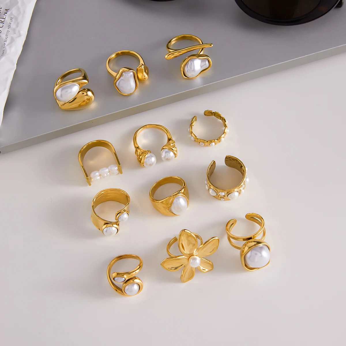 Uworld Fashion 18K Gold Color Plated Stainless Steel Pearl Flower Ring Stackable Asymmetric Ring Womens Jewelry Party Gift 251031