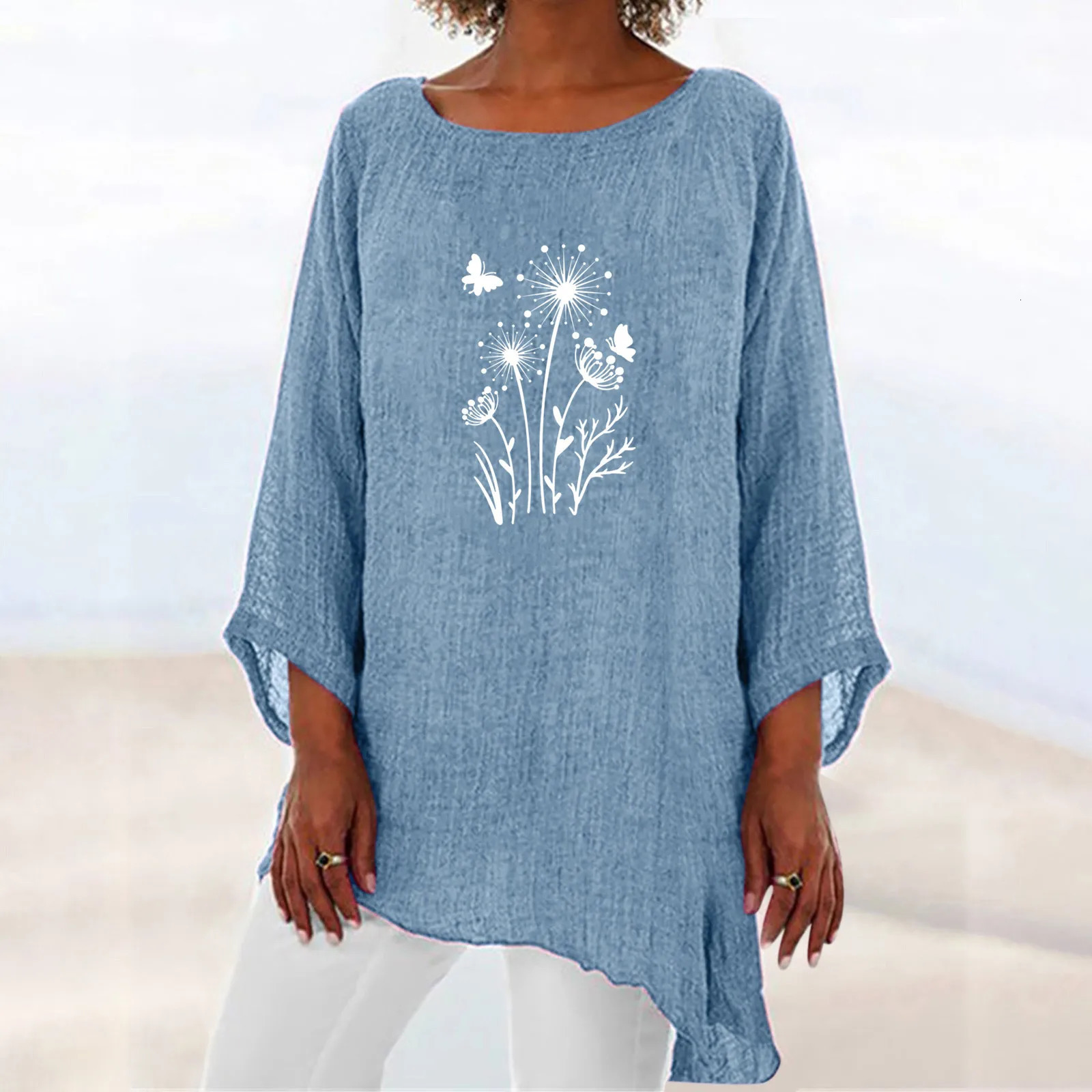Summer shirt womens plus size dandelion third quarter sleeve cotton linen top oversized womens top summer tuning 250318