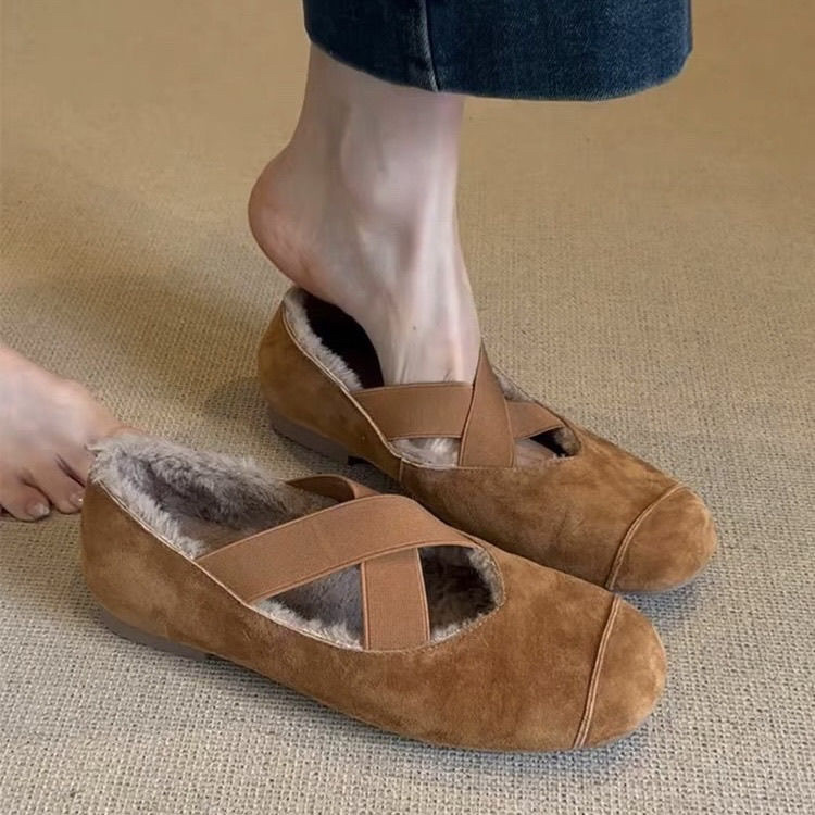 Sheepskin version ~ genuine leather retro fleece warm cross belt one foot slip-on shoes women's frosted flat versatile shoes