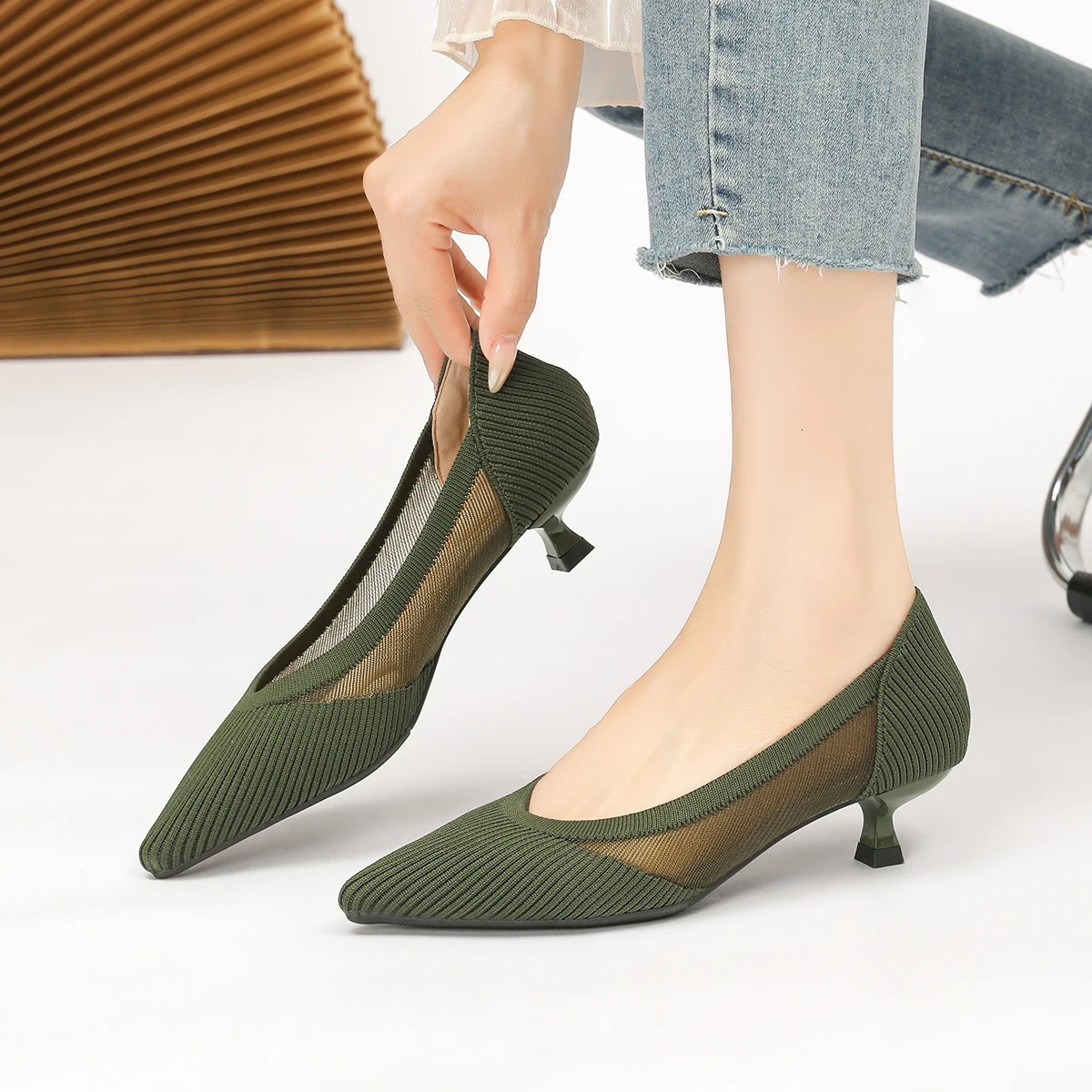 Womens high heels knitted breathable mesh fashionable and comfortable lightweight shoes for spring summer 250402BJ - view 6
