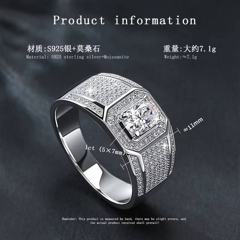 With GRA S925 Sterling Silver Full Diamond Inlay Oval Cut Vvs D Color 1Ct White Moissanite Ring for Men Wedding Band