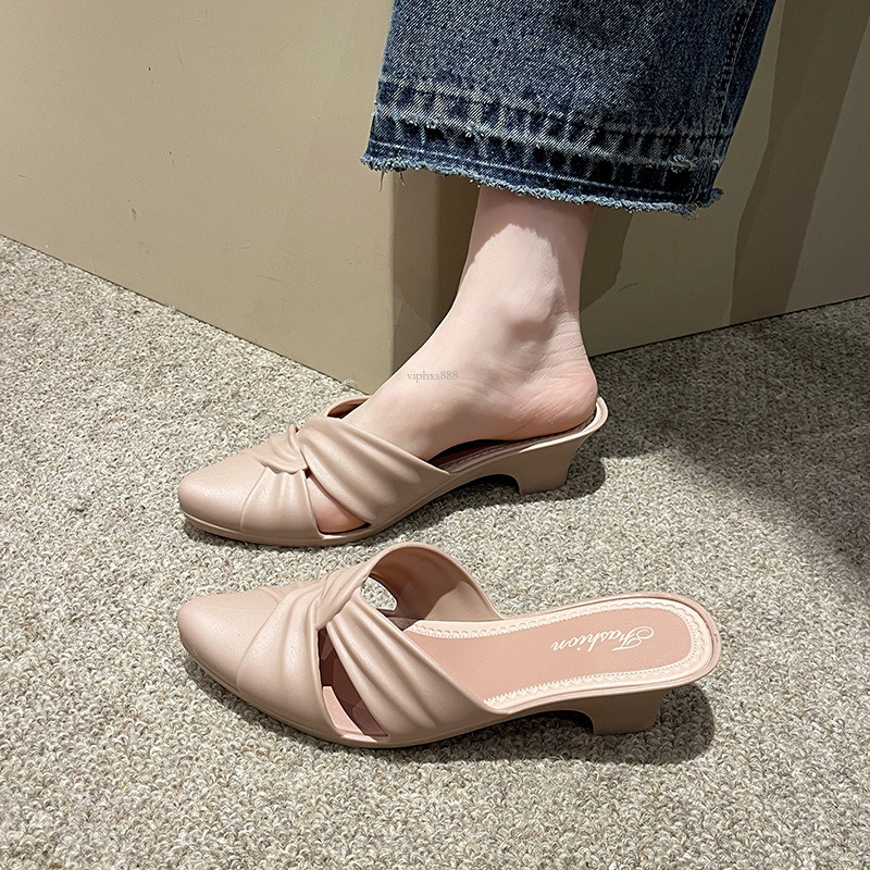 New Designer Sandals With Free Shipping New Summer Fashion Solid Color Pointed Half Drag Casual Outer Wear Thick Women's Shoes With Hollowed Out 