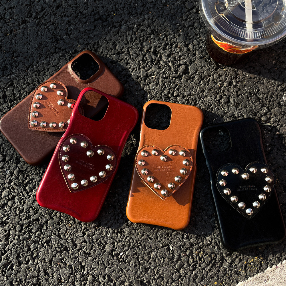 Cowhide Texture Heart Stand iPhone 17/16/15 Pro Max Solid Color Phone Case Compatible with iPhone 14/13/12