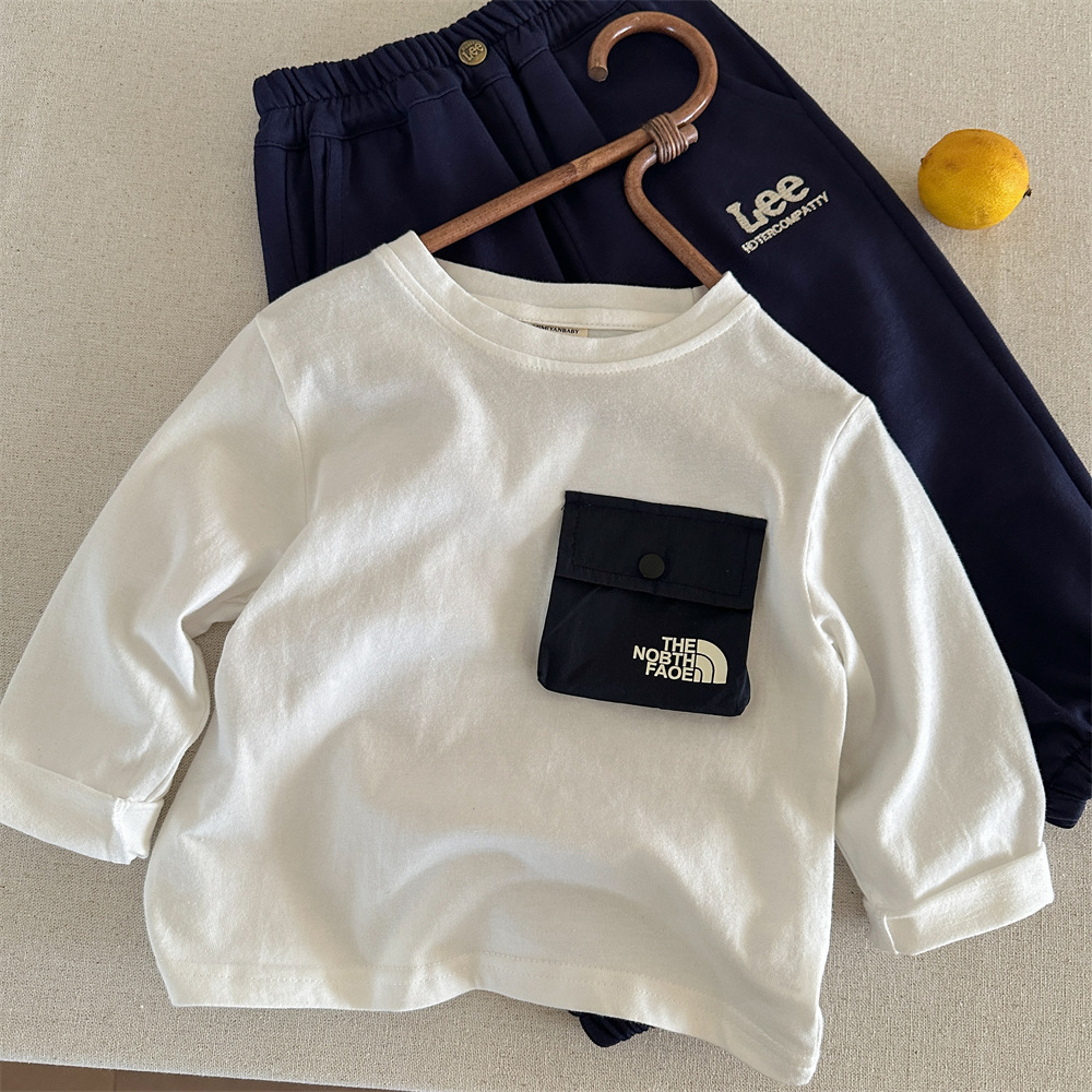 kids designer clothes 2025 New Kids Long Sleeve T-Shirt, 100% Cotton Solid Color Top with Pocket, Spring Autumn Casual Base Layer for Boys and Girls