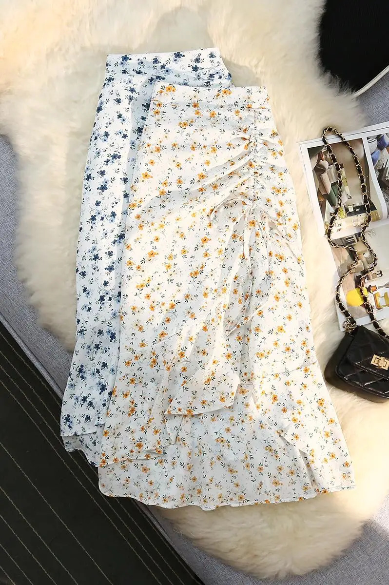 Seoulish Women Spring Summer Irregular Skirt Elastic High Waist Elegant Chiffon Floral Printed Pencil Midi Skirt Female 2024 251027