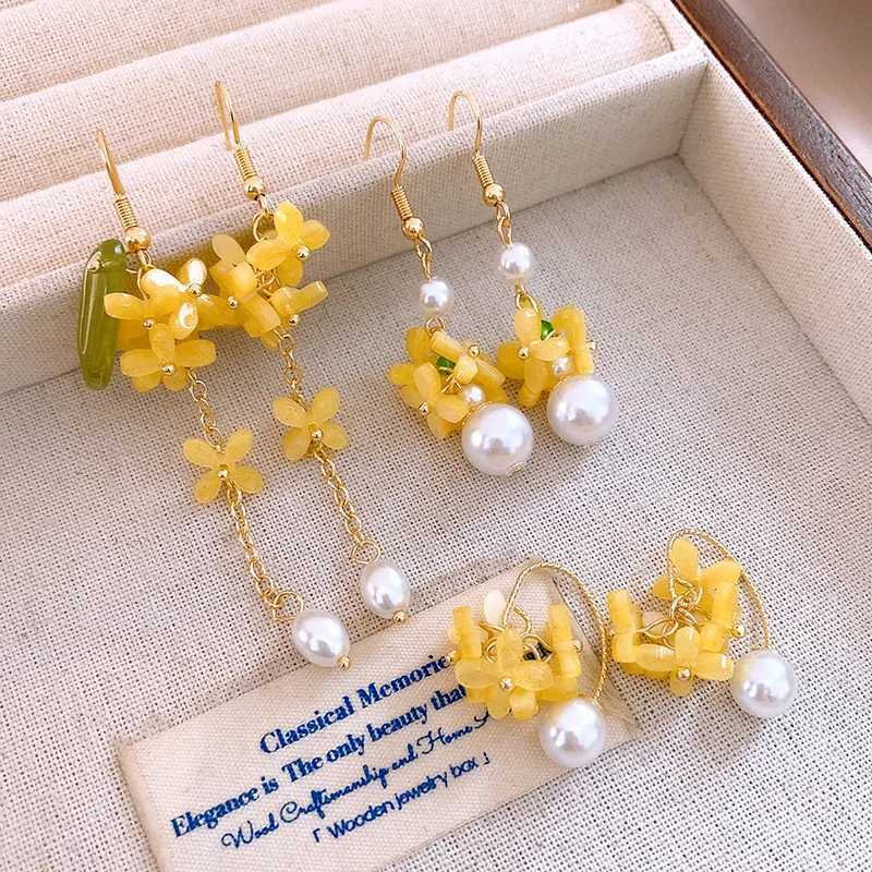 Light Luxury Exquisite Elegant Fresh Yellow Flower Long Tassel Pearl Dangle Earrings For Women Fashion Sweet Jewelry Party Gifts Y250401