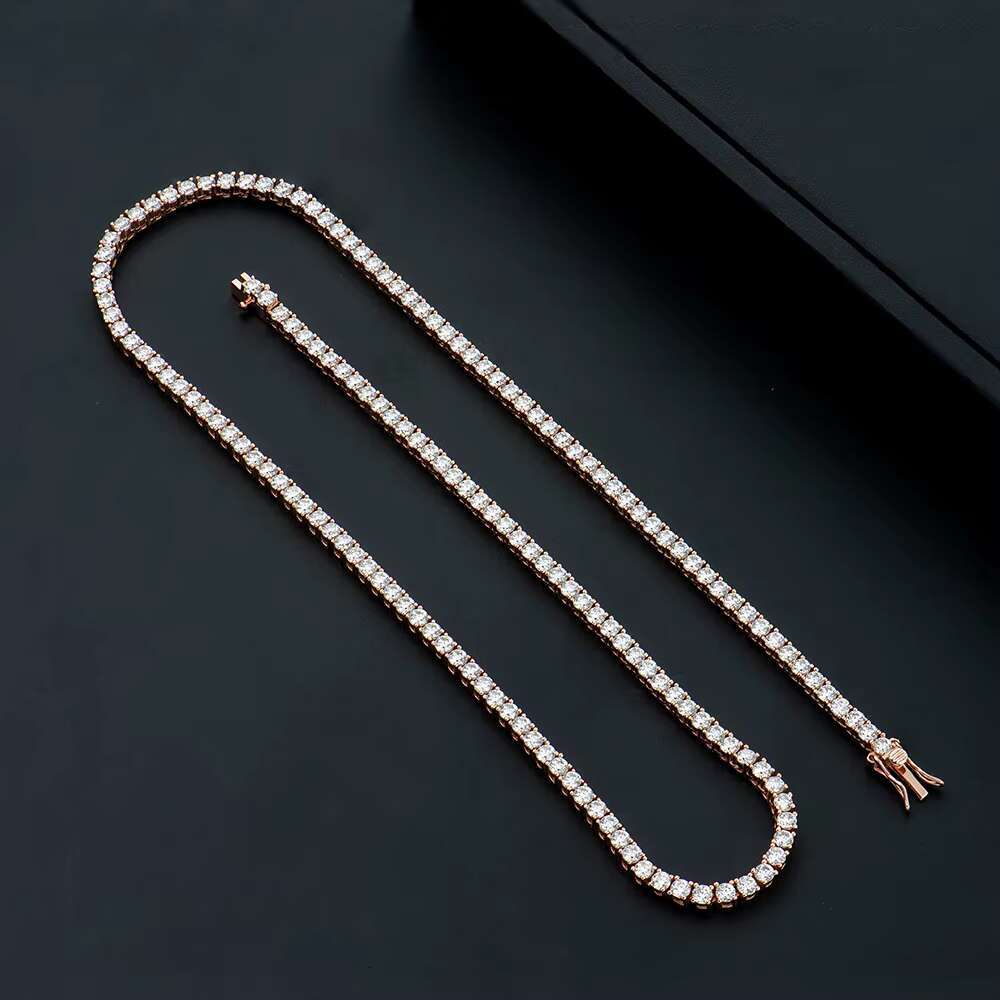 Hot Selling Fashion Jewelry 3mm 925 Silver Rose Gold Plated Hiphop Tennis Link Chain Round Brilliant Cut Moissanite Necklace