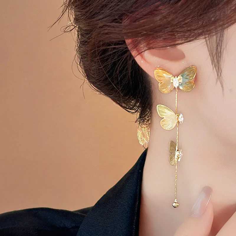 2025 New Arrival Korean Elegant Gold Color Butterfly Long Tassel Stud Earrings For Women Fashion Exquisite Metal Jewelry Gifts Y250401