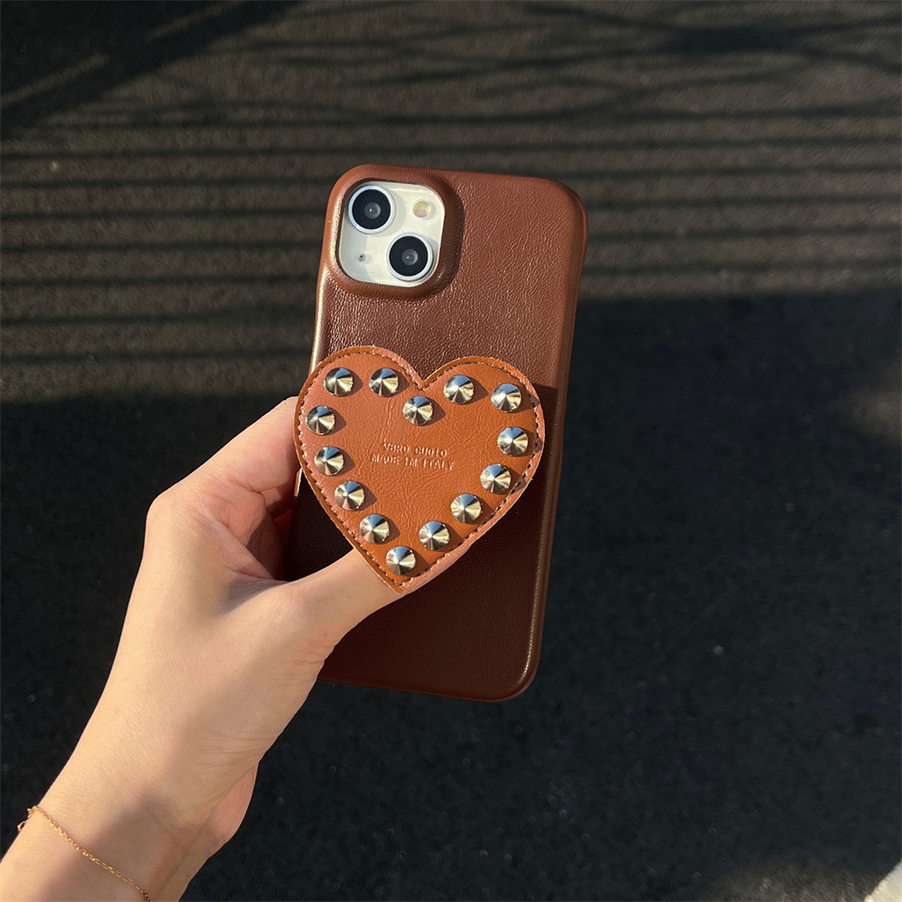 Cowhide Texture Heart Stand iPhone 17/16/15 Pro Max Solid Color Phone Case Compatible with iPhone 14/13/12
