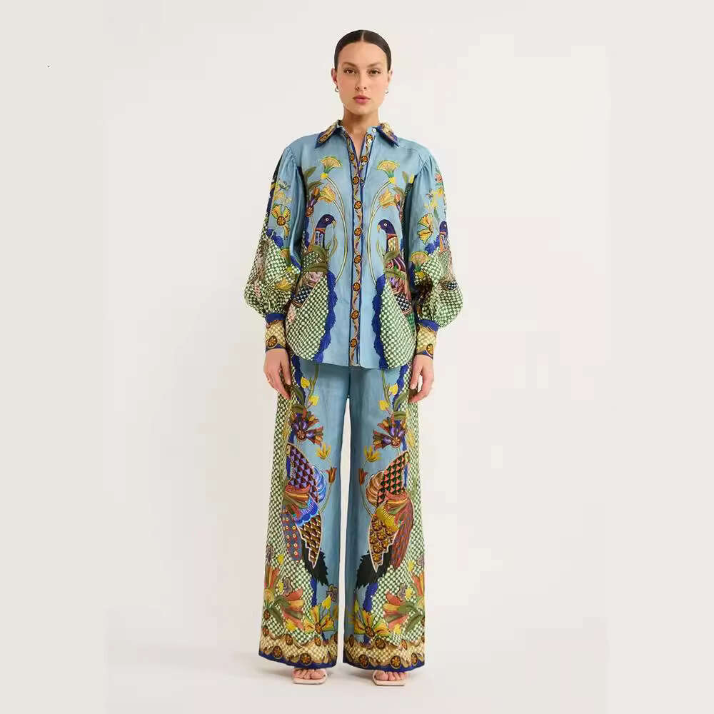 European American Fashion Personalized Printed Bubble Sleeve Vacation Leisure Rope Set for Women 2025 New Style, Unique and Elegant Clothing
