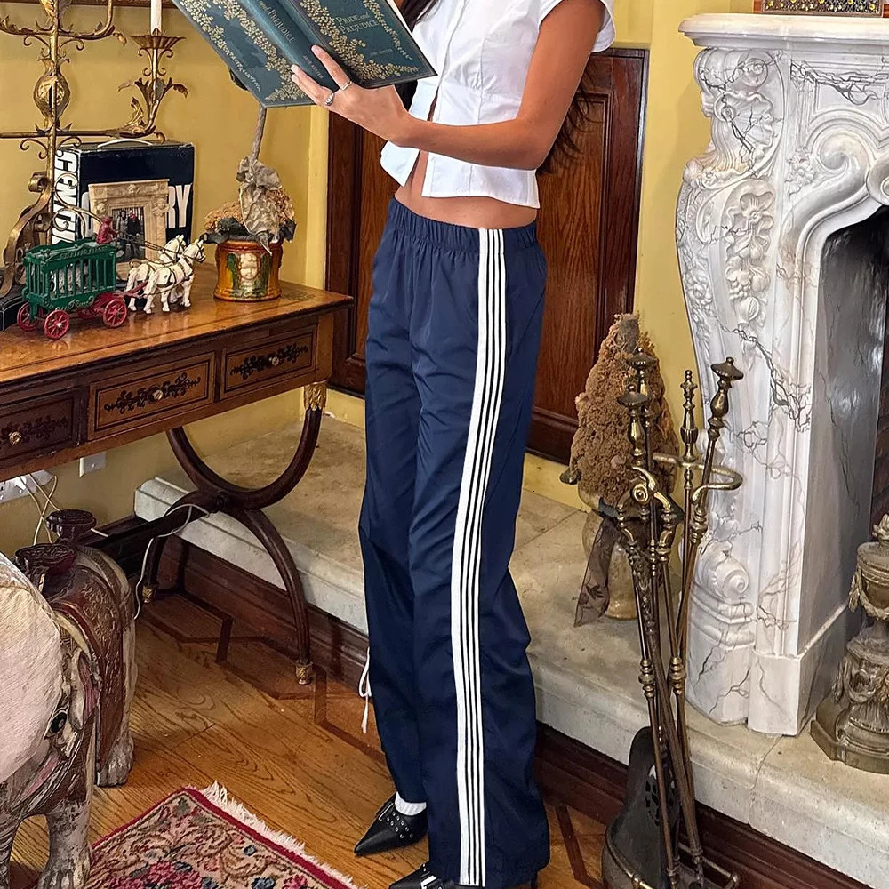 Striped Track Pants for Women Vintage Y2K Elastic Waist Wide Leg Sweatpants Teens Vintage Preppy Cute Parachute Pants Streetwea 251029