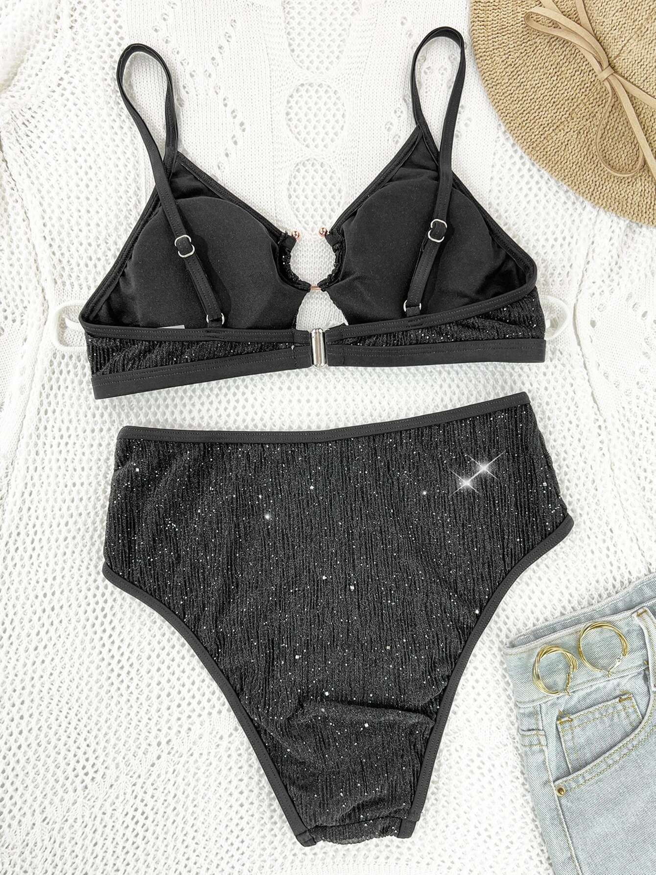 Dongdumaoyi Shiny Black Bikini Women Cut Out Metal Ring Push Up High Waist Swimsuit Brazilian Sequin Bathing Suit Two Piece Swimwear