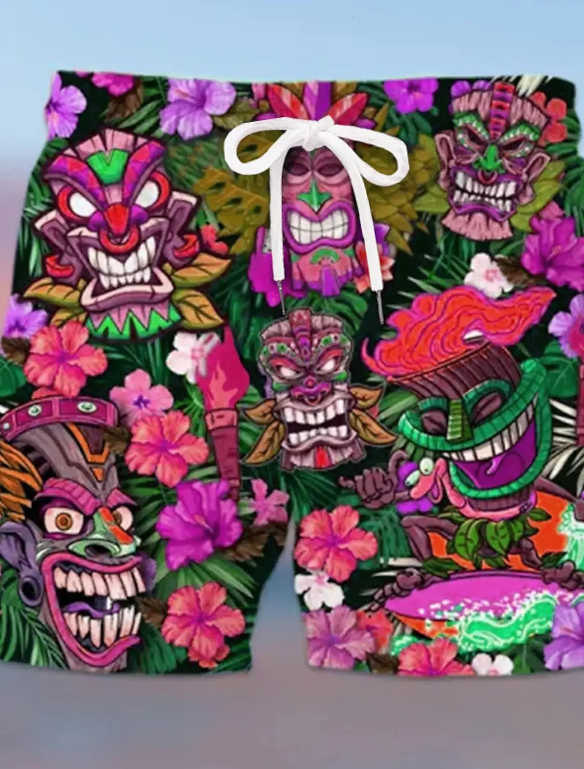 Summer mens board shorts 3D printed Tiki graphic drawstring quick drying casual daily Hawaiian holiday beach 250402m