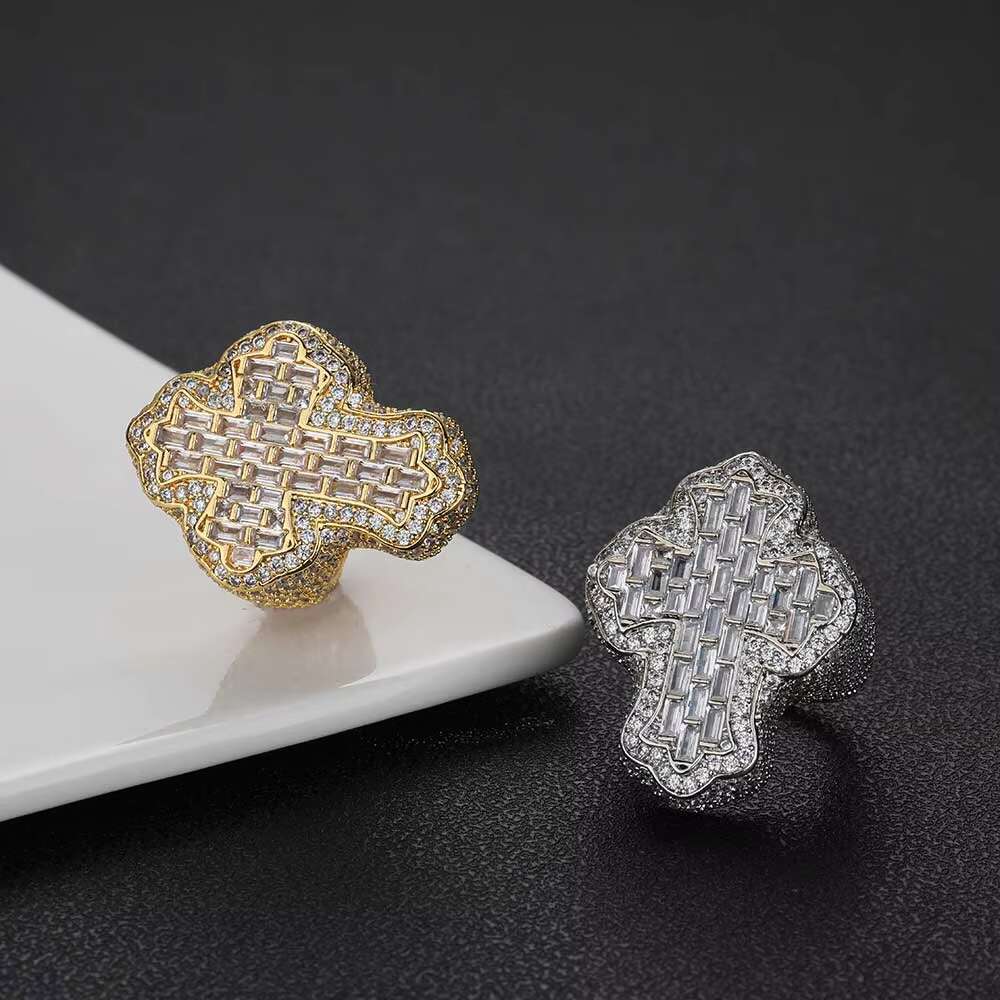 Hip Hop Baguette Dia Rings Gold Plated With Iced Cubic moissaniteia Cross Ring for Men Women