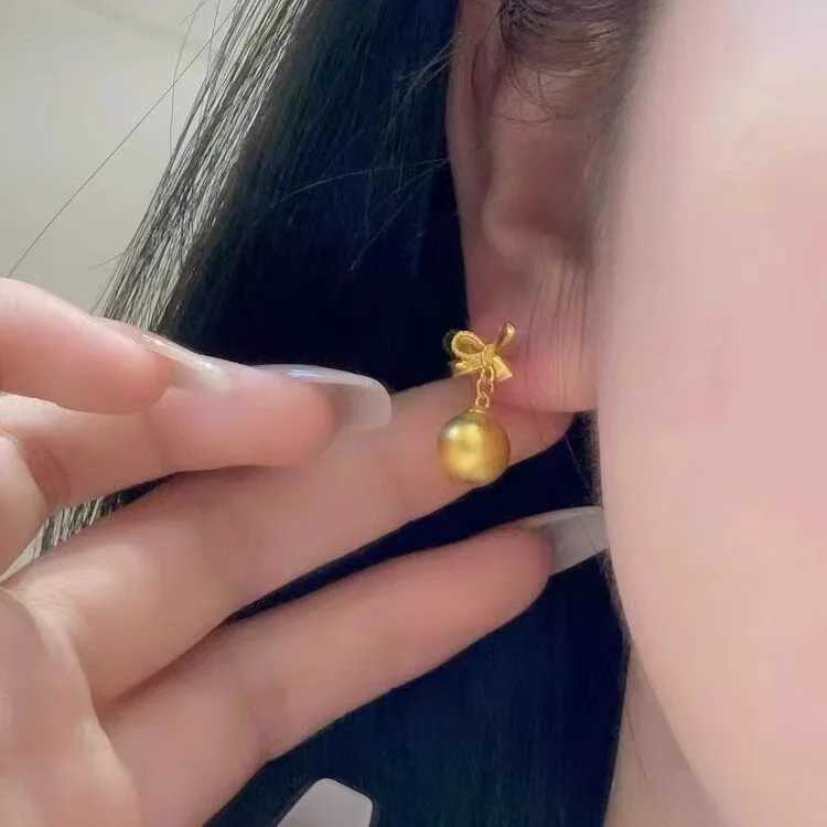 24K gold AU999 bow brush spherical stud earrings hand polished luxury earrings birthday gift with gift box Y250401