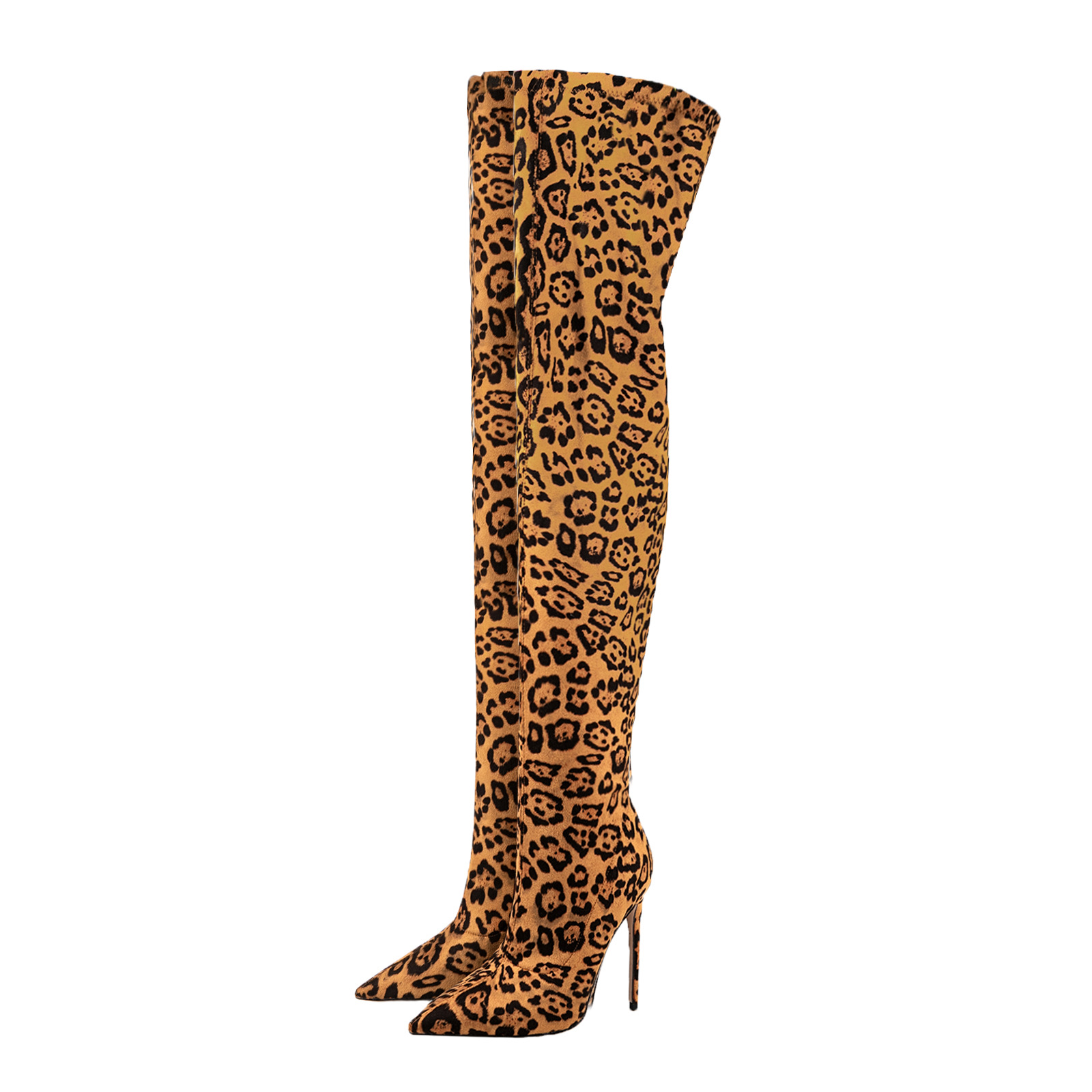 Chengdu Artisan Cheetah Print Over Knee Boots Stiletto Heel Stretch Suede Thin Fit Thigh High Boots