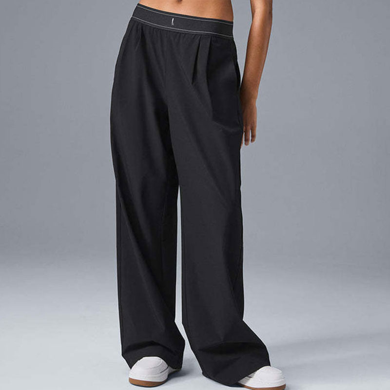 Women's Black Yoga Straight Leg Pants Fashion Elastic Waist Low-Rise Wide Leg Extra Long Trousers Trendy Streetwear Luxury Designer High-Quality 