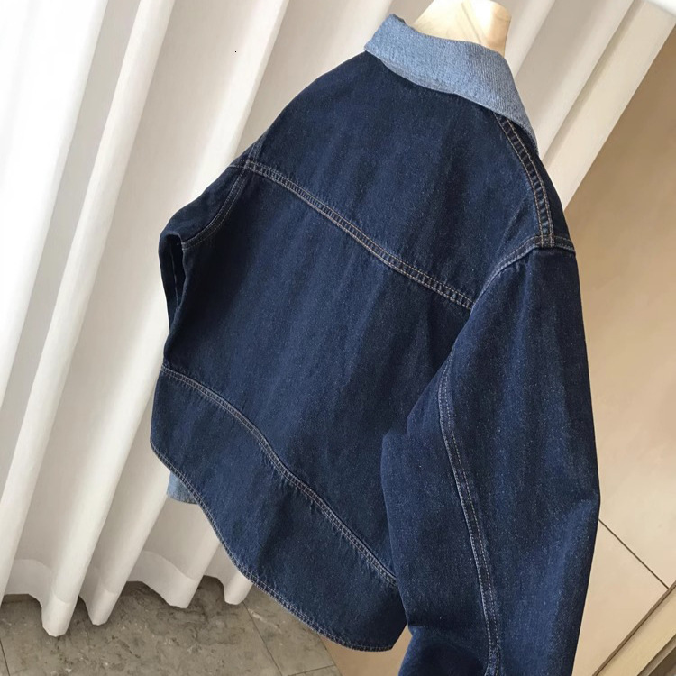 Color blocked denim jacket for women early spring 2024 new item casual loose short lapel dark blue jacket for women 230726