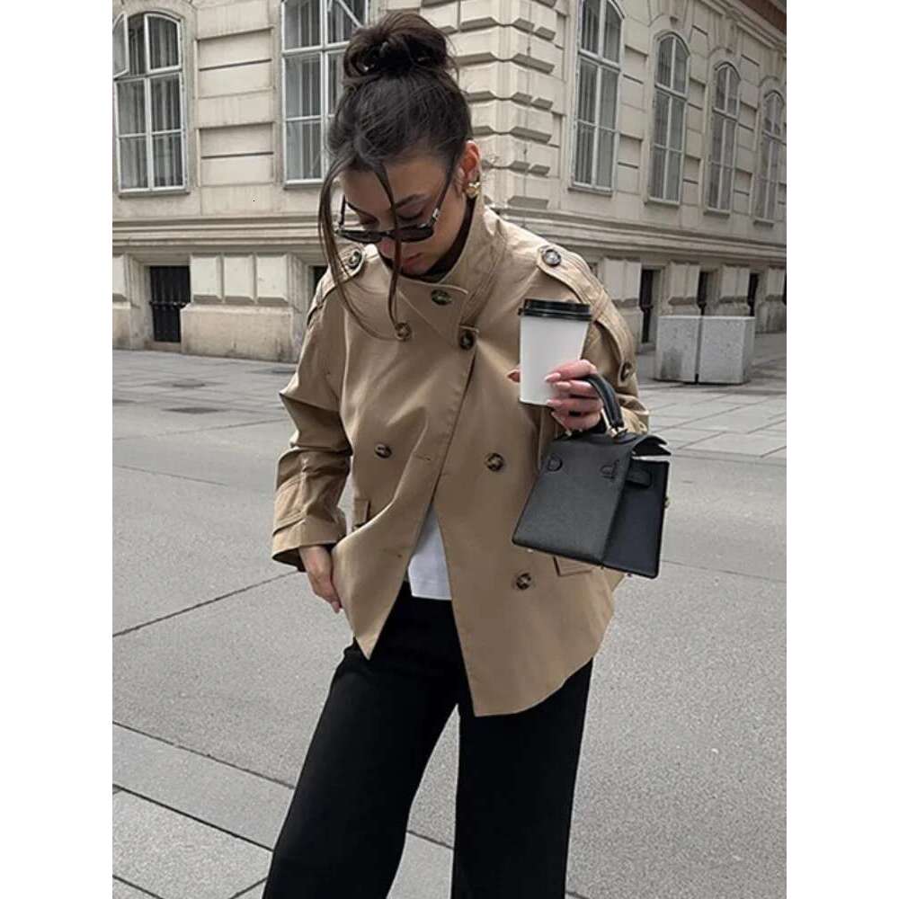 Women's Wear Fashion Printed Scarf Windbreaker Stand Collar Long Sleeve Double-Breasted Short Jackets 2025 Spring New Casual Chic Trench Coat