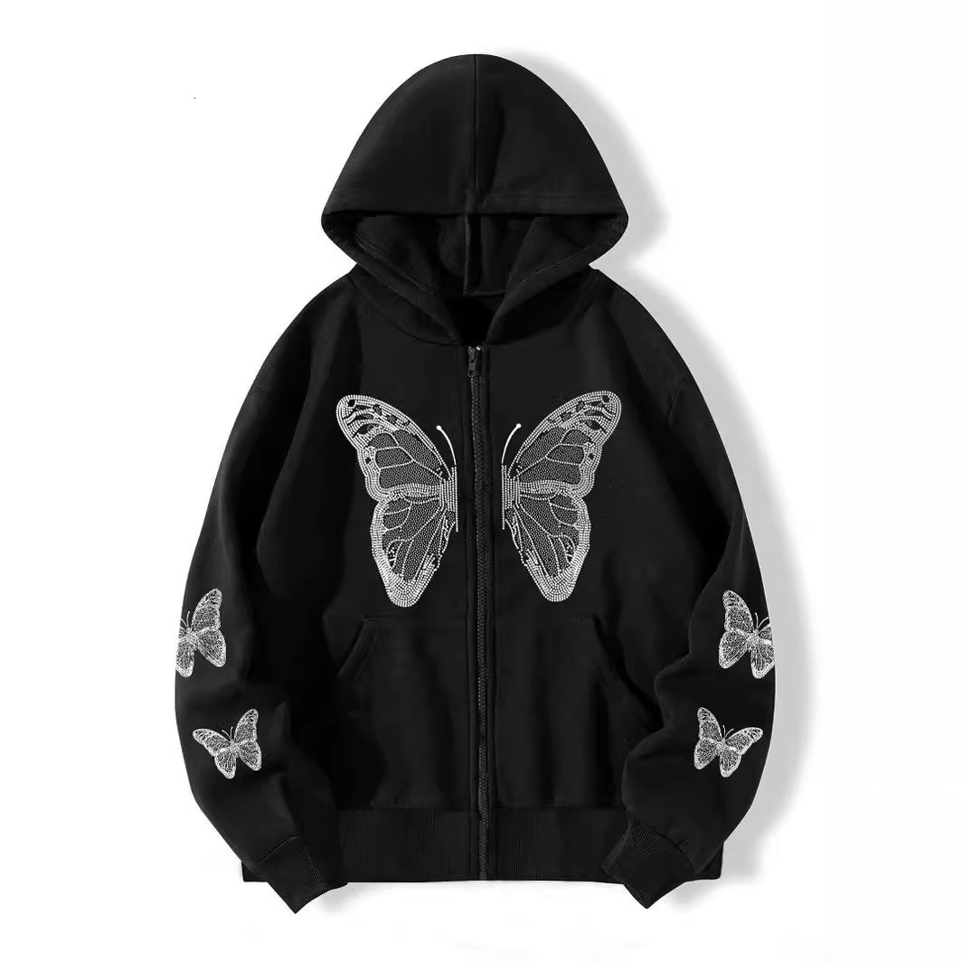 Autumn winter Y2K butterfly oversized loose pocket hooded zipper womens hoodie jacket 231007