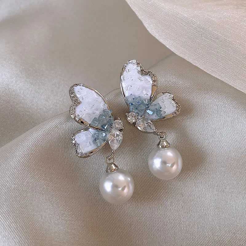 Light Luxury Elegant Crystal Butterfly Dangle Earrings For Women Fashion Sweet Girl Imitation Pearl Jewelry Accessories Y250401