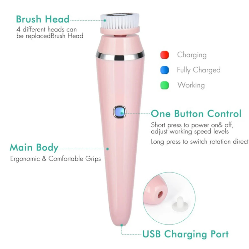 Deep Pore Cleansing Brush 4 in 1 Exfoliator Face Massager with 4 Replacement Heads Oily Skin Care USB Charging No Stand 251030