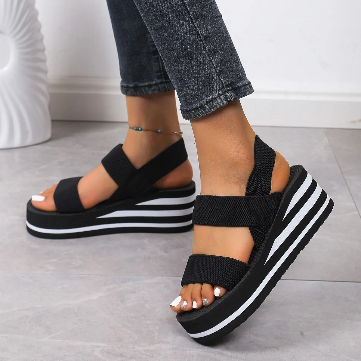 Womens lightweight wedge sandals with open sole thick summer casual suspender shoelaces 250402BJ