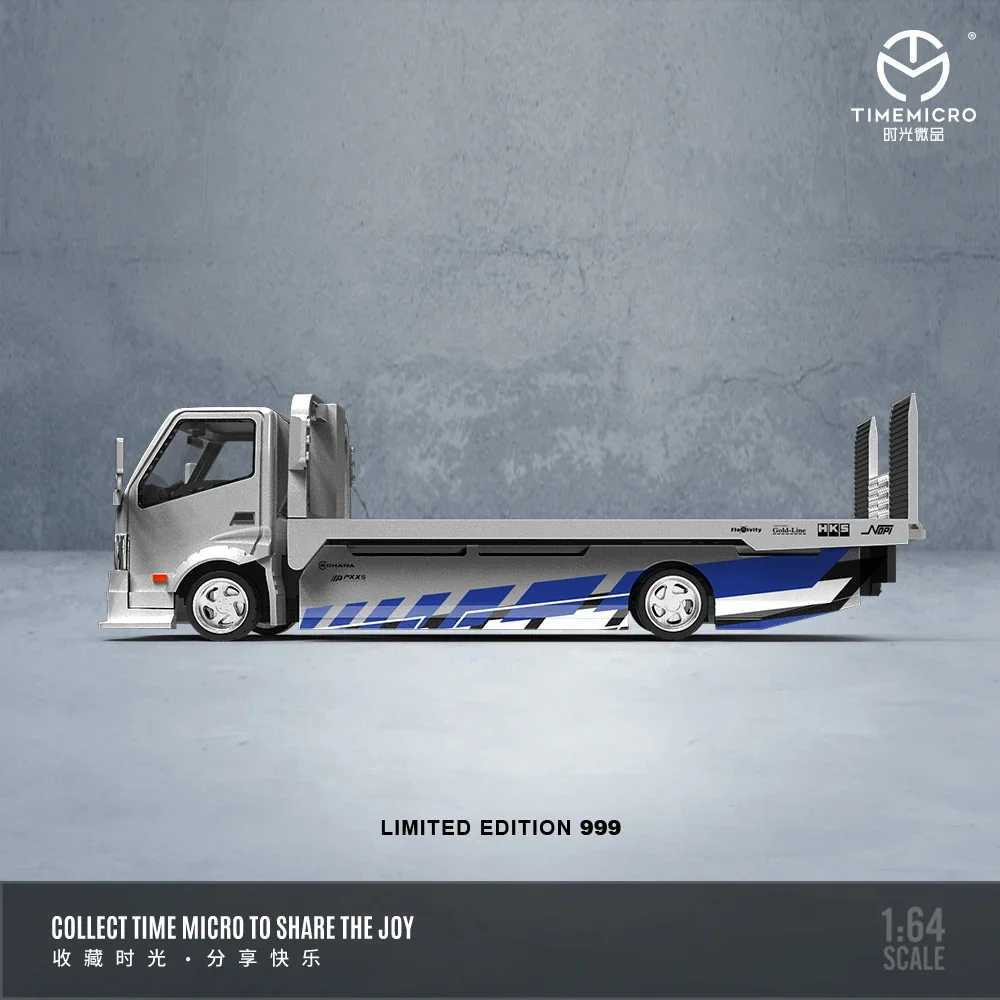 TimeMicro 1 64 H300 transport trailer and GTR35 silver and blue painted alloy car models for collection display and gifting X250402