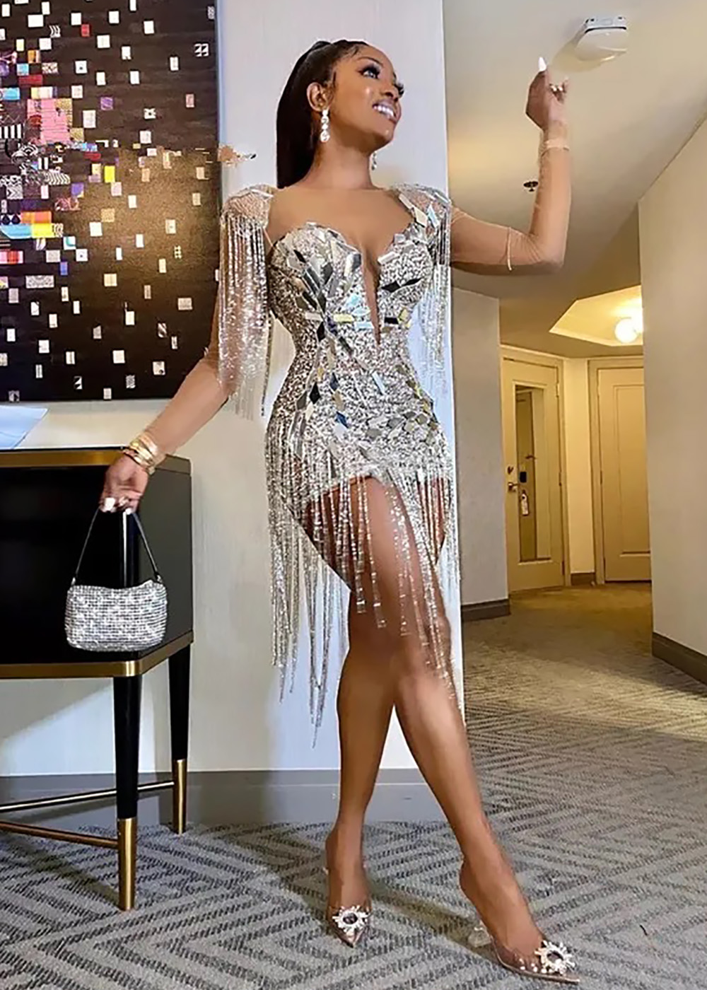 Dress Prom Dresses For Black Girls Sexy Mini Cocktail Gown Beaded Tassels Party Homecoming Gowns Sparkly Silver Celebrity Evening Dress