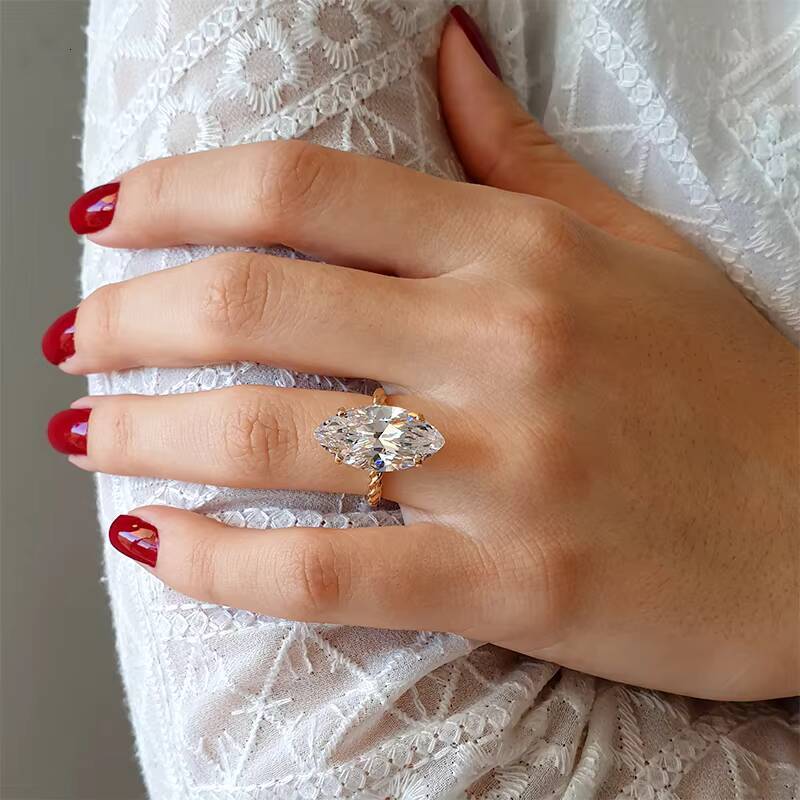 Luster 10K14K18K Yellow Gold Twisted Band Single Big Gemstone Marquise Cut Moissanite Ring for Women