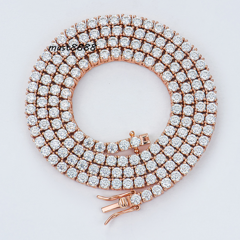 Hot Selling Fashion Jewelry 3mm 925 Silver Rose Gold Plated Hiphop Tennis Link Chain Round Brilliant Cut Moissanite Necklace