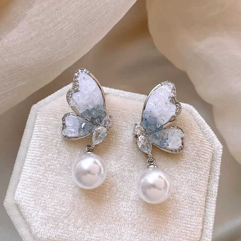 Light Luxury Elegant Crystal Butterfly Dangle Earrings For Women Fashion Sweet Girl Imitation Pearl Jewelry Accessories Y250401