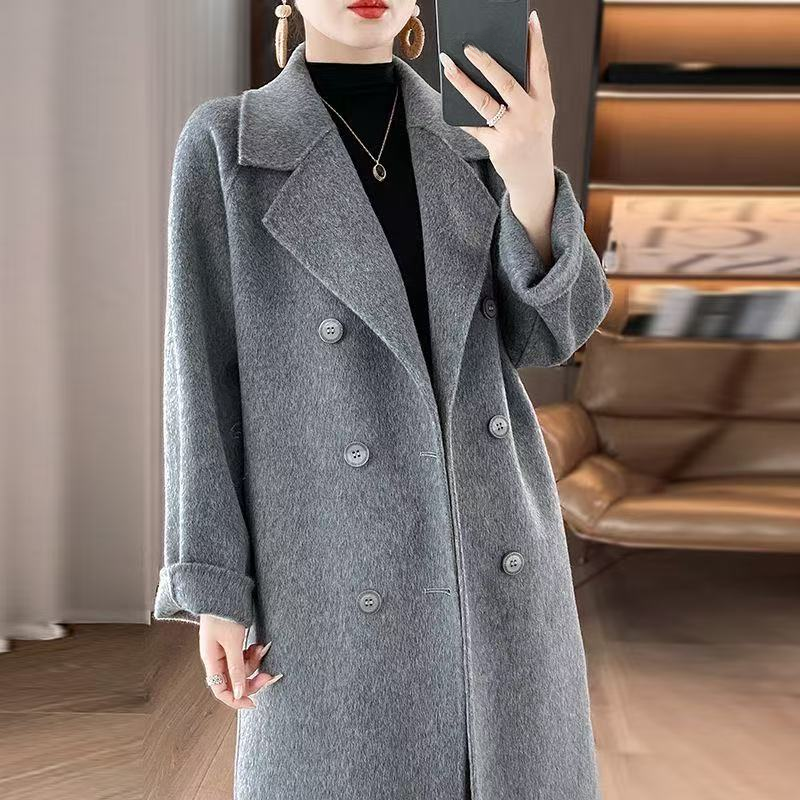 New Wool Double-Faced Tweed Coat for Women High-End Double-Breasted Long-Line Autumn/Winter Hepburn-Style Outerwear