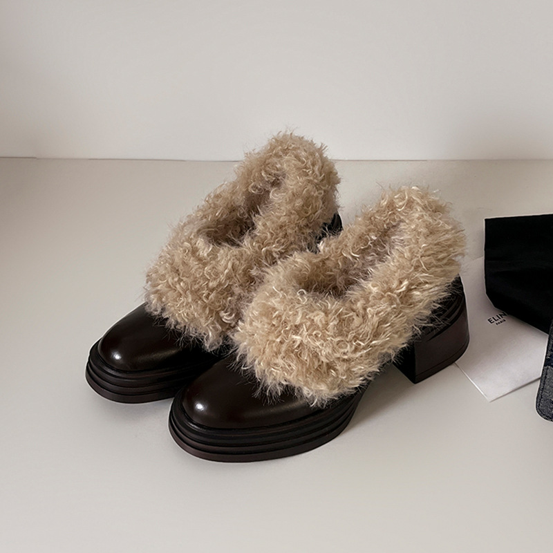 Cowhide version ~ square toe plush Mary Jane single shoes women's winter new pump-mouth thick-heeled sweet leather shoes