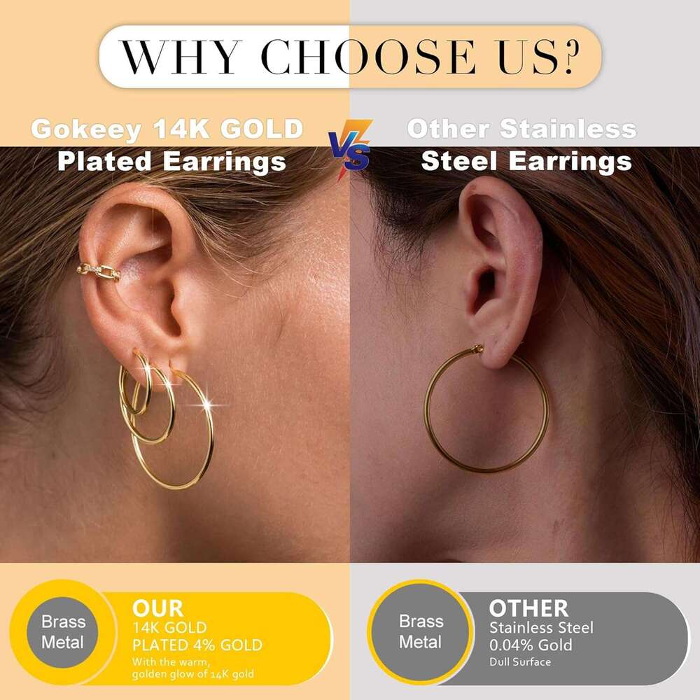 Set Women,14k Plated Hoops with Sterg Sier Post Hypoallergenic Thin Hoop Gold Earrings for Girls Trendy Jewelry Gifts