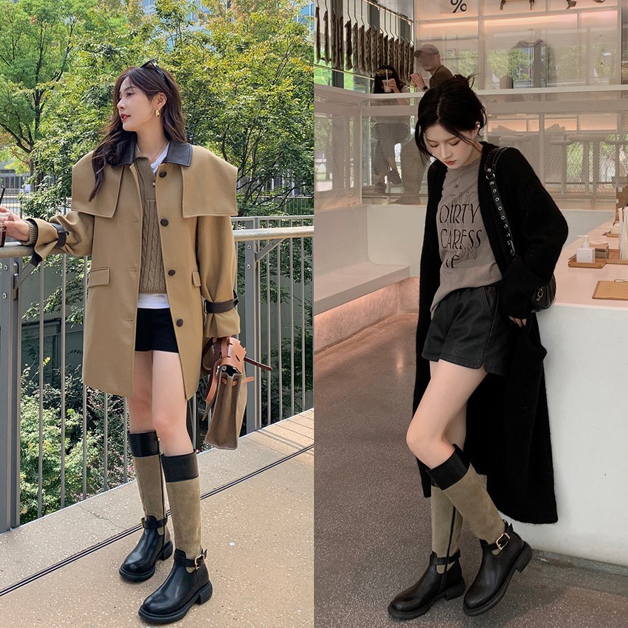 Fashionable retro color blocking design belt buckle Martin boots autumn and winter new thick heel genuine leather women's boots sexy luxury desig