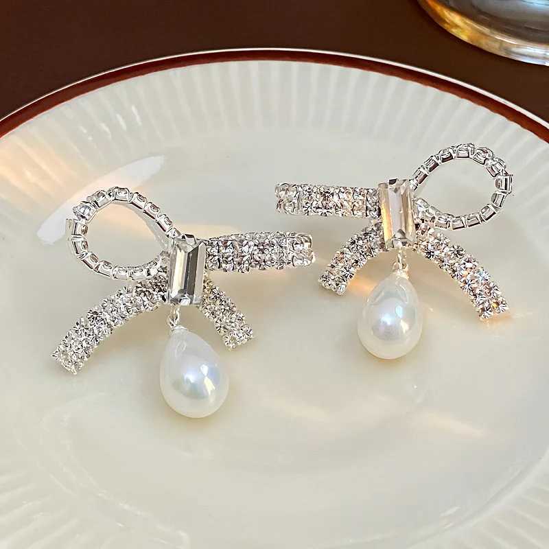 Korean Style Light Luxury Unique Imitation Pearl Bow Dangle Earrings For Women Fashion Elegant Crystal Jewelry Party Gifts Y250401
