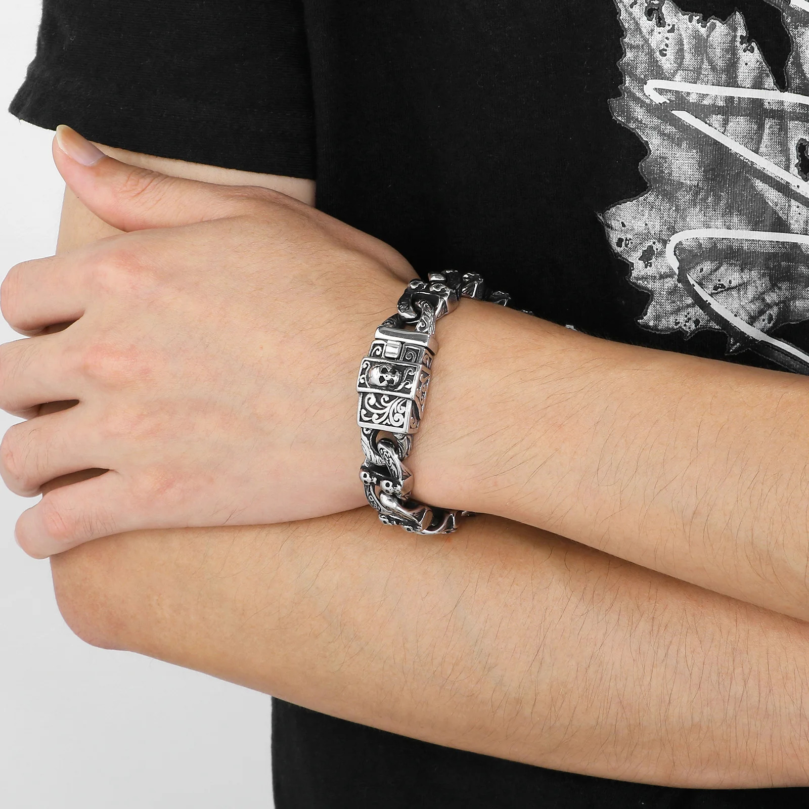 15mm Skull Bone Charm Link Chain Bracelet For Men 316L Stainless Steel Punk Jewelry 251028