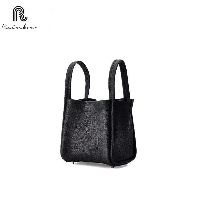 RAINBOW Fashion Women genuine leather New Tide Versatile Solid Color Simple Large Capacity Lock Catch Bucket Bag