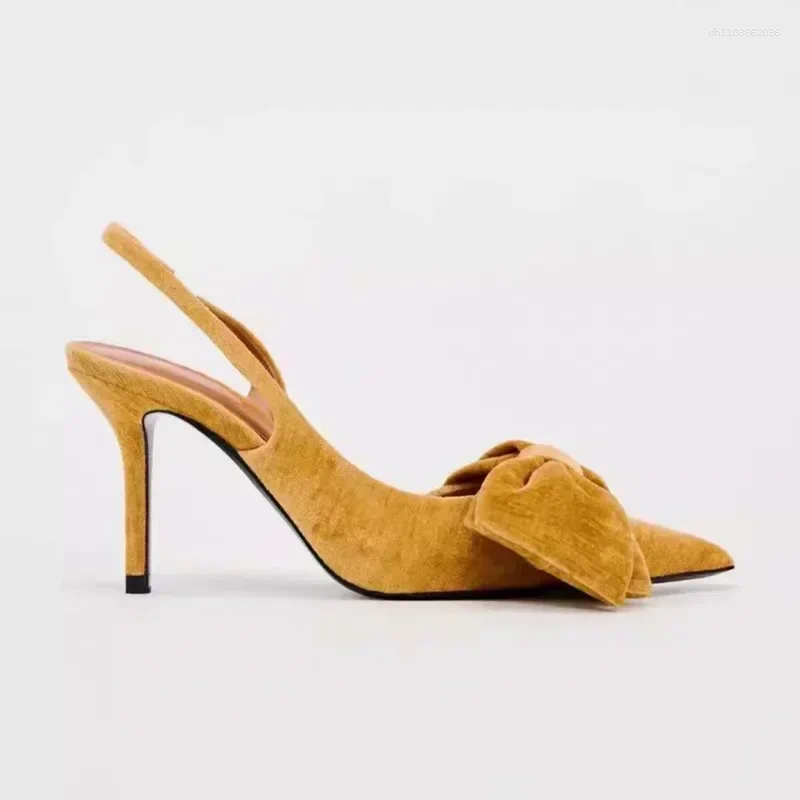 Dress Shoes Elegant Bow Decoration Back Strap Pointed Toe High Heels Hot Women Designer Veet Heeled New Sandals Pumps Party