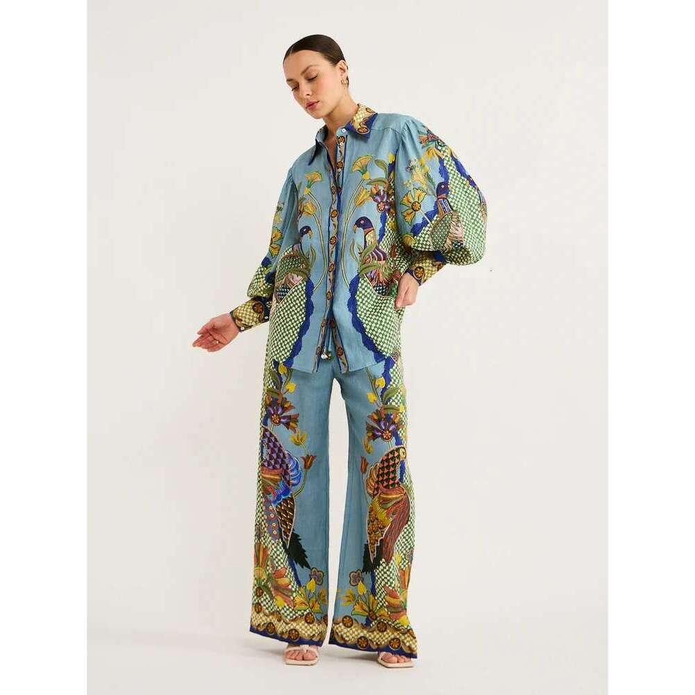 European American Fashion Personalized Printed Bubble Sleeve Vacation Leisure Rope Set for Women 2025 New Style, Unique and Elegant Clothing
