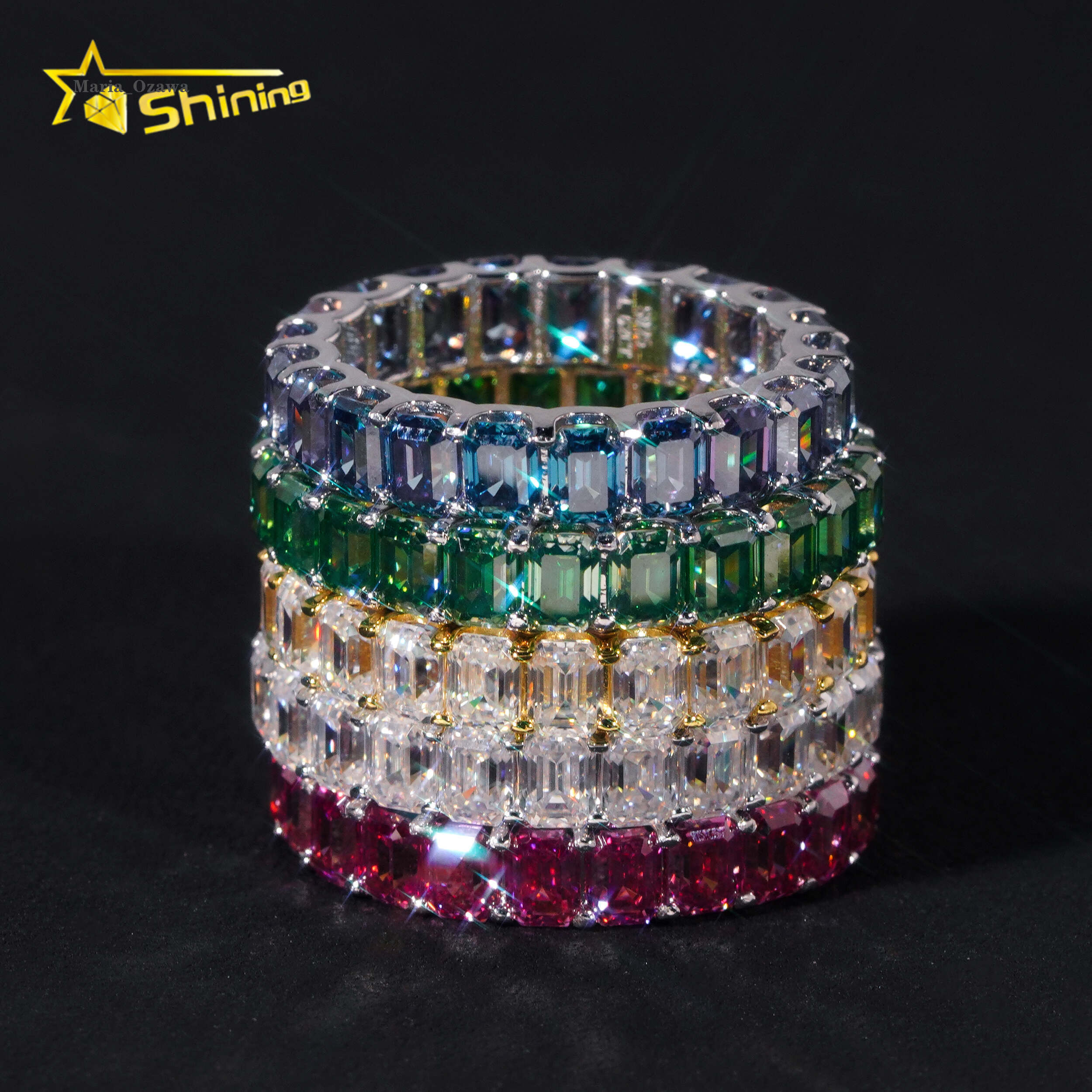 S925 Silver Emerald Cut VVS D Color Eternity Colored Moissanite Diamond Fine Jewelry Enterity Wedding Ring for Men Women