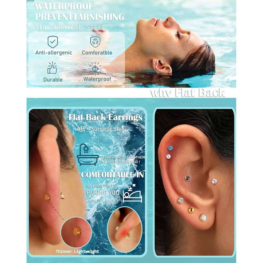 20G Push-in Threadless Flat Back Women Mens Surgical Steel Stud Earrings for Sensitive Ears, 14K Gold Plated Pearl Opal Ball Heart CZ Cartilage Earrin