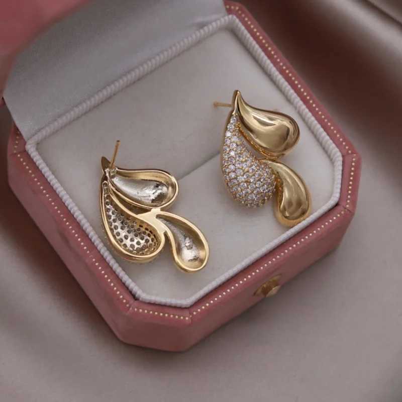 Korean New Design Fashion Jewelry 16K Gold Plated Zircon Water Drop Earrings Elegant Womens Daily Work Accessories Y250401